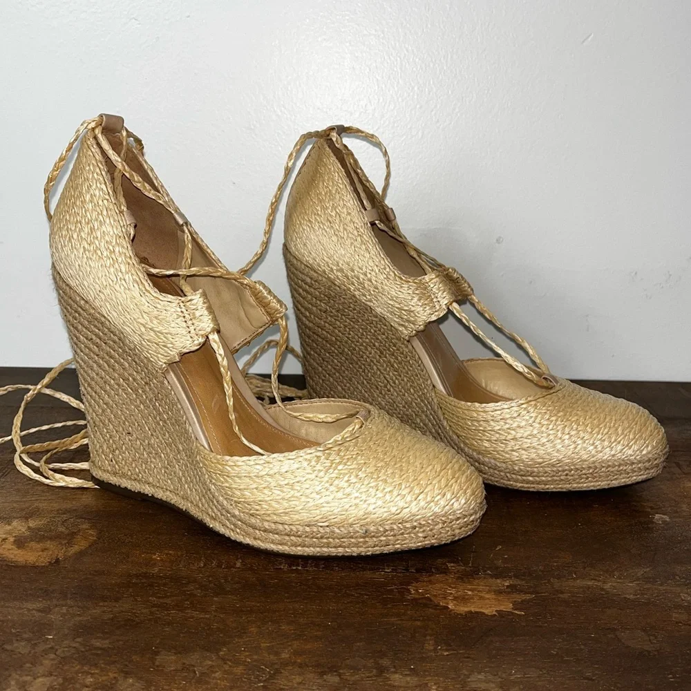 SCHUTZ Cream Espadrille Wedge Sandals with Ankle Tie